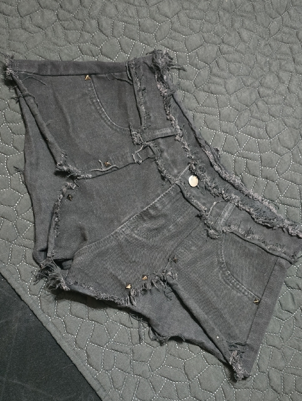 Black Distressed Denim Cutoff Shorts with Stud Accents
